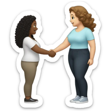 tan chubby woman with black curly hair shakes hands with a chubby pale woman who has straight light brown hair sticker
