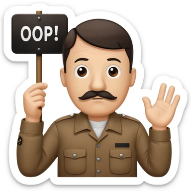 Adolf Hitler as a Mr. Men character, funny and cartoonish, with a small mustache and a confused expression, wearing a brown shirt and holding a sign that says 'Oops' sticker