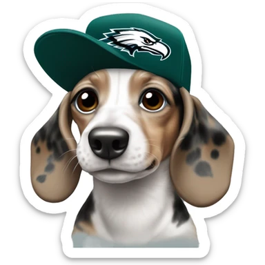 Miniature Tri Merle Dachshund wearing Philadelphia Eagles Hat with C on Jersey sticker