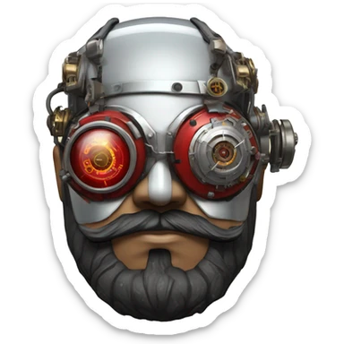 Fat cyborg head with red silver steampunk goggles, black beard and circuits sticker