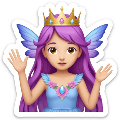 Tan female fairy, long  purple hair, crown of flowers on head,  pastel pink blue and purple wings, wearing a, pastel pink dress, Waving with one hand sticker
