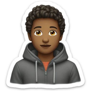 A boy wore hoodie where printed as ajee sticker