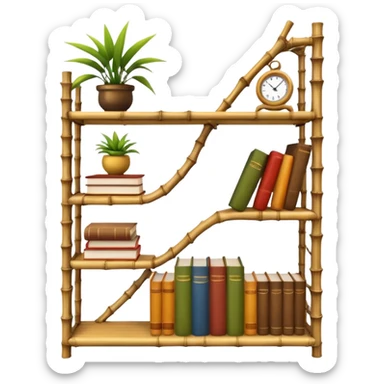 Twisted bamboo shelving unit with books and decorative items sticker