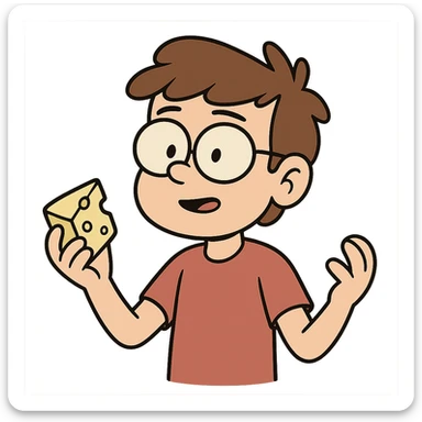 cartoon boy with brown hair, brown eyes, glasses, holding a piece of cheese, flat toon style sticker