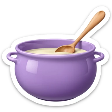 a lilac ceramic mixing bowl with a wooden spoon stirring sticker