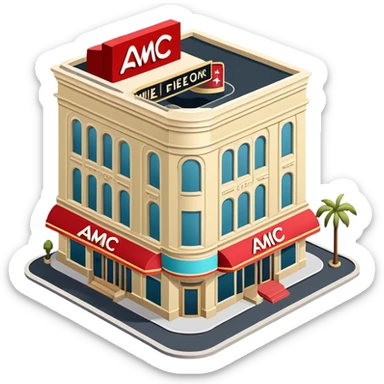 AMC movie theater exterior, isometric dollhouse-style, highly detailed  sticker