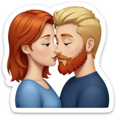 Girl with short brown hair kissing man with blonde hair and red beard. sticker