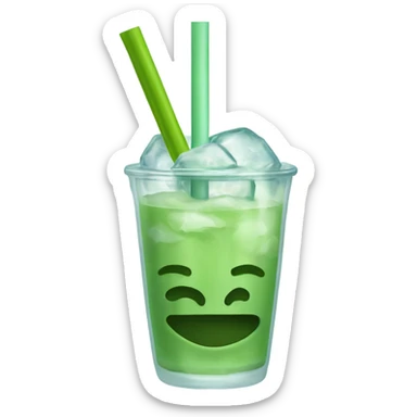Clear glass cup about 12 ounce filled up with ice and Matcha, which is green and has a cute glass straw sticker