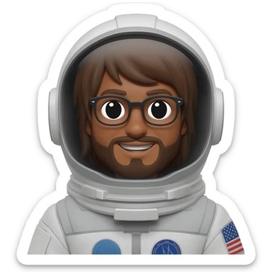 astronaut with helmet in space brown skin, black eyes, glasses and beard smiling a bit long hair show body sticker