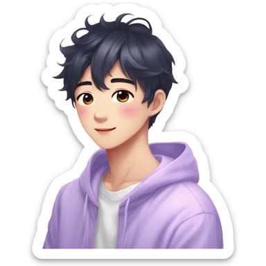 Gorgeous bright sparkly romantic Asian anime pastel guy with blushing face aesthetic trending style outside sticker