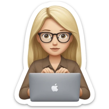 Girl in glasses, blonde long hair, sitting with MacBook , brown blouse, typing on gray MacBook sticker