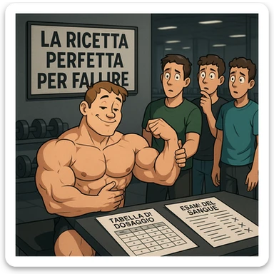 muscular bodybuilder with a naive expression, ignoring a dosage table and blood test sheets in Italian, friends in the background looking at him puzzled, touching his bicep, superficial atmosphere, gym background, sign with text 'La ricetta perfetta per fallire', 4K quality sticker