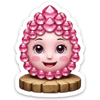 A single cute pink crystal cluster character, chunky round base with many tall rose-pink crystal quartz cluster imperfect, on the front of the base a kawaii face with big shiny eyes and a happy open smile very shiny and nothilng else sticker