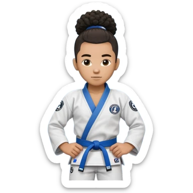 black jiu jitsu instructor with a afro ponytail and a low taper fade sides haircut, and a small fade on the sides with a blue belt and roger Gracie academy logo on the gi sticker