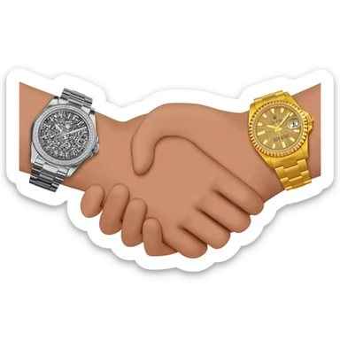 Emoji of a handshake, close-up on wrists, one with a silver iced-out Rolex, the other with a gold iced-out Rolex, cartoon style, bold colors, focus on luxury watches, transparent background. sticker