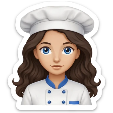 A girl with long, dark brown, wavy hair, grey-blue eyes. He cooks in the clothes of a cook sticker