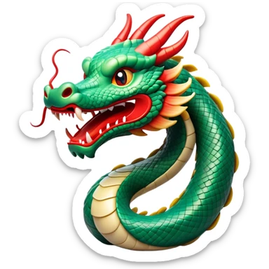 Cinematic Comical Chinese Serpent Dragon Portrait Emoji, Head tilted dramatically with an exaggeratedly amused expression, featuring a sleek, serpentine form adorned in luminous jade and vermilion scales interlaced with playful cloud and water accents; rendered with vibrant, lifelike textures and dynamic natural shadows, high shine, playful yet wise, styled with an air of cheeky ancient mystique, soft glowing outline, capturing the essence of a spirited and humorously enigmatic celestial dragon that looks ready to spiral into legendary lore! sticker