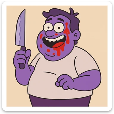 Edit the image of a man to have purple skin, keep everything else as in the original, comic style, holding a knife, ketchup on the face, friendly expression, simple background. sticker