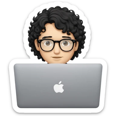 guy with wavy kinda curly black hair and light-to-medium skin tone and glasses, with a macbook sticker