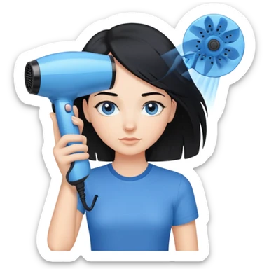 a girl with black hair, blue eyes in a blue shirt and with a hair dryer in her hands sticker