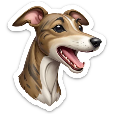 Cinematic Cute Yawning Brindle Greyhound Portrait Emoji, Head tilted slightly with a dramatic, wide-open yawn, showcasing a smooth brindle Fur with a refined pattern, floppy ears slightly drooping, round eyes barely open in drowsy contentment, Simplified yet irresistibly adorable features, highly detailed, glowing with a soft, cozy glow, high shine, relaxed yet expressive, stylized with a touch of whimsy, bright and endearing, soft glowing outline, capturing the essence of a sleepy yet affectionate racer, so drowsy it feels like it could stretch out of the screen and curl up for a nap! sticker