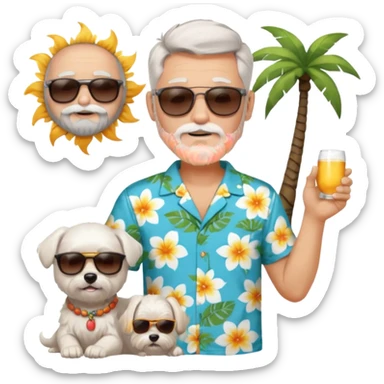 white man grey hair beard holding a white Maltese relaxing on a beach full body 1 dog sticker