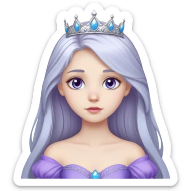 long haired girl with silver hair color and pale skin, she has a sky blue eye color and she's wearing a purple princess gown sticker