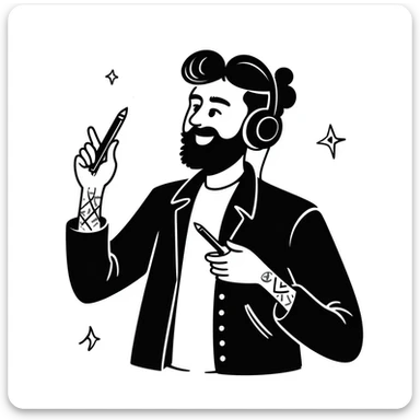 pop rock musician with well-groomed stylish beard, arm tattoos, headphones on ears, smiling confidently, holding microphone in one hand and pencil in other hand sticker
