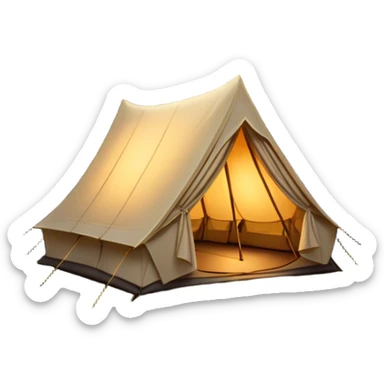 Cinematic Realistic Tent, a sturdy canvas tent nestled among tall trees, warm golden light spilling from inside, gentle folds in the fabric visible, glowing against the cool, dark forest backdrop, evoking a sense of adventure and comfort. sticker
