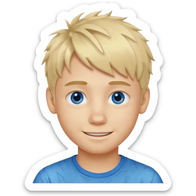A blonde boy with blue eyes and a messy textured fringe hairstyle with no side part and he’s smiling sticker