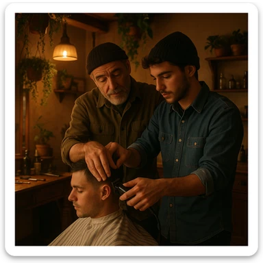 Inside a cozy barbershop with soft lighting, an experienced barber gently teaches his apprentice, guiding his hands as they cut hair together. The room is filled with warmth, plants hanging from the ceiling, and the hum of clippers sticker