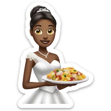 a woman on wedding dress holding a plate of food sticker