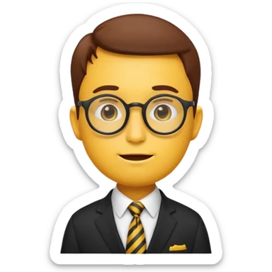 emoji character with the classic nerd emoji head (yellow round face, large brown glasses, buck teeth, freckles). The body is human-like, dressed in an elegant black suit with a tie, in a thoughtful and philosophical pose —  sticker