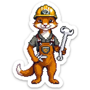 AN ANTHROPOMORPHIC WEASEL WITH A HARDHAT AND A LARGE SPANNER WRENCH - AIRPLANE FUSELAGE nose art 1940s era - he has a very VERY dark and mischevious look in his eye- grinning sticker