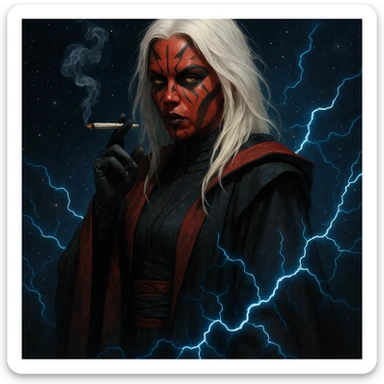 a female sith lord with white hair, smoking a joint, red and black robes, lightning crackling around her, starry space background sticker