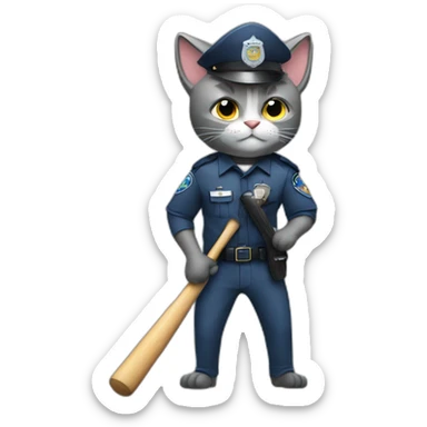 grey cat in a police uniform holding a baseball bat sticker