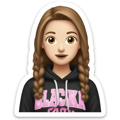 white girl, brown hair wearing blackpink hoodie sticker