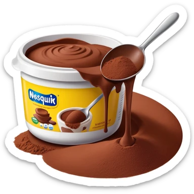 Nesquik chocolate powder being scooped with a spoon from its container sticker