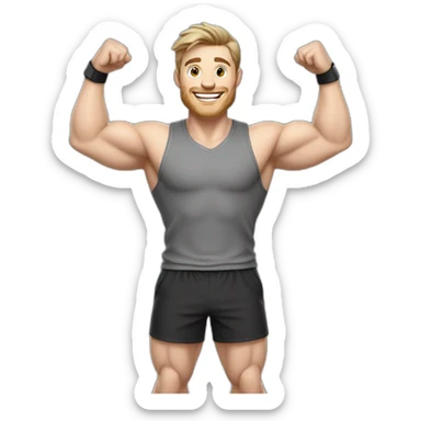 Joyful Celebrating victory Pale skinned Fit Man With the biceps and dark brown hair in black shirt, gray sports shorts and white Sneakers sticker