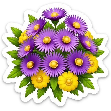 Bouquet of purple Callius, with separate tiny, yellow circular flowers interspersed in between the beautiful bouquet sticker