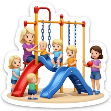 Toddlers playing on a  playground and a woman holding a baby watching  sticker