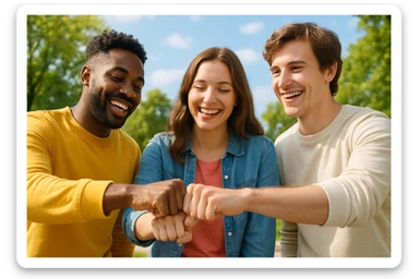 three friends making a group fist bump, hands meeting in the center, positive energy sticker