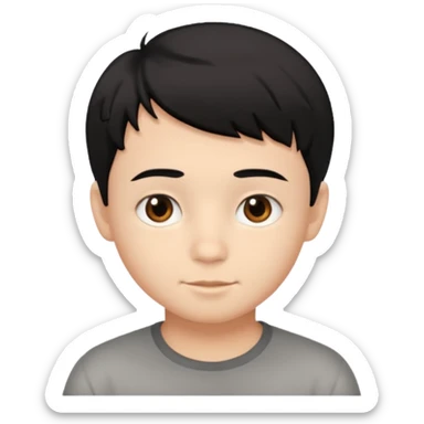 young boy with short, slightly messy black hair, a round face, large brown eyes, and a small neutral smile sticker