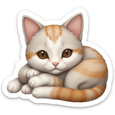 grey and white small cat with eyes closed lying down upside down with its head resting own paw sticker