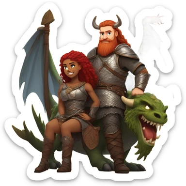 Viking red head beautiful  dragon  queen with a killed Viking solder with a man bun laying down on a dragon  sticker