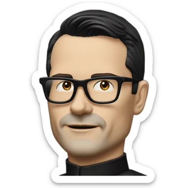 small photo realistic Ralf Hutter from Kraftwerk, short straight black hair, Dark Brown eyes, black glasses, lean, black shirt, riding a Tesla sticker