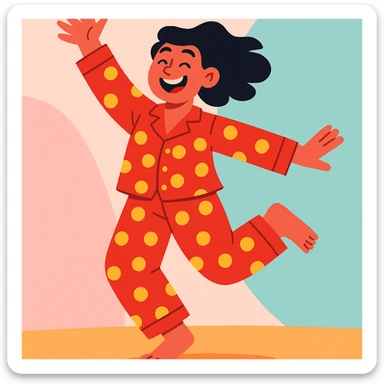 woman dancing in her pajamas, cheerful, simple background sticker