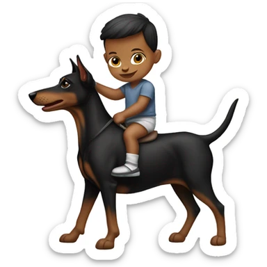 A white newborn baby boy riding a Doberman like a horse sticker