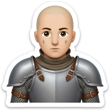 medieval battle armor worn by a DnD themed fantasy character. basic full plate cuirass with leather straps and a chainmail coif. armor only above the waist. The armor full waist. The character's haven't arms. character is shaved head gray eyes scarred face light-skinned man. sticker