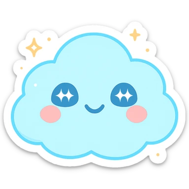 chibi cloud character, extra round and puffy, smiling with closed eyes, pastel sky blue, sparkles, soft glow, kawaii vector sticker sticker